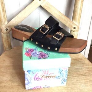 Forever Womens Black Retro Double Strap Buckle Open Toe Slide Clog Size 8.5